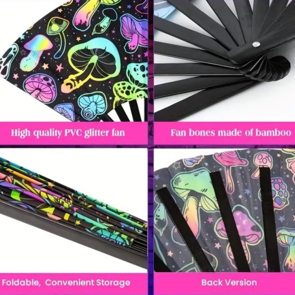Mushroom Print UV Reflective Dance Rave Fan Accessory Bamboo Sateen Black Neon - Picture 7 of 7